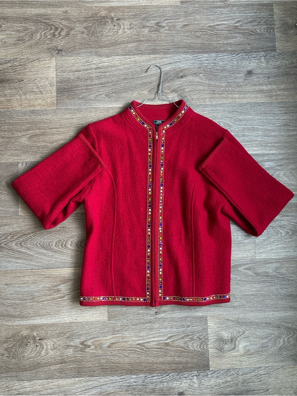 Vintage Lisa International Red Boiled Wool Beaded Jeweled Jacket Size M